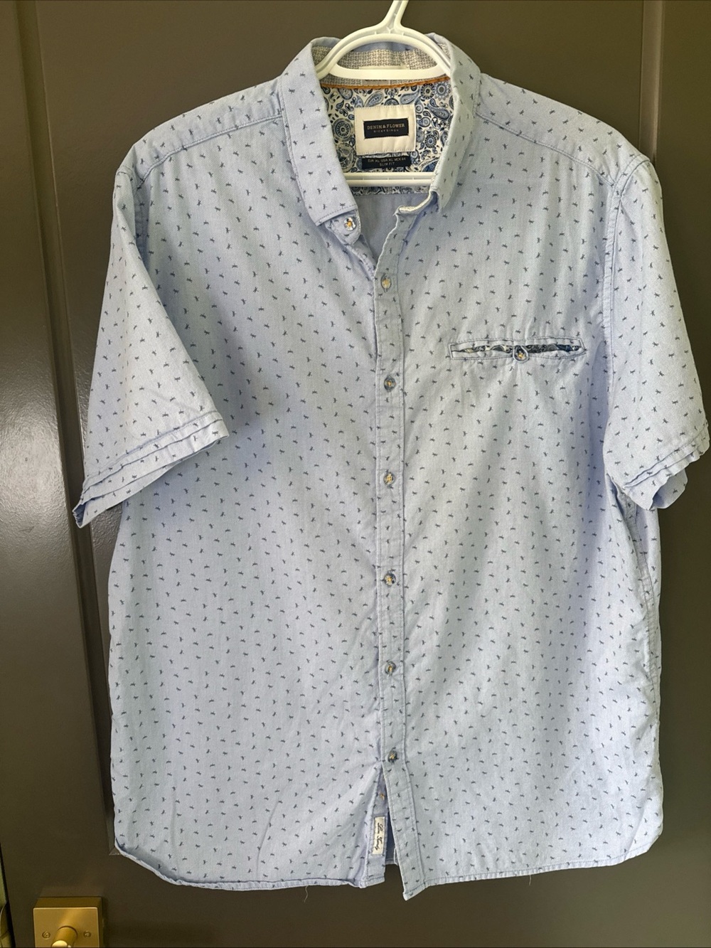 Denim & Flower Light Blue Short Sleeve Button-Down Men’s Shirt with Micro Print